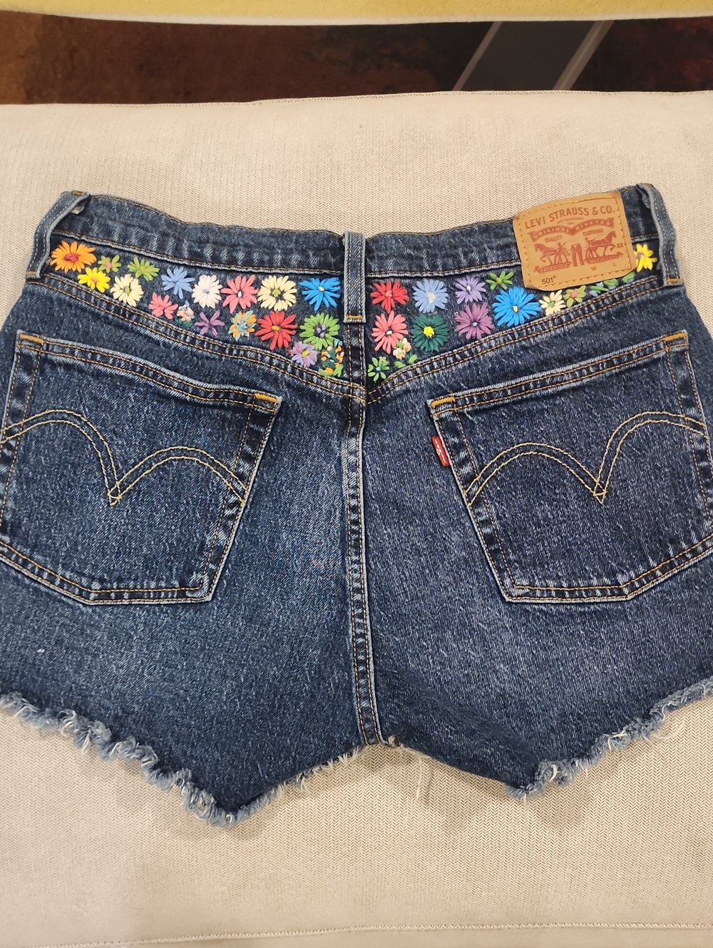 Levi's Dark Blue Denim Shorts with Multicolor Floral Waistband